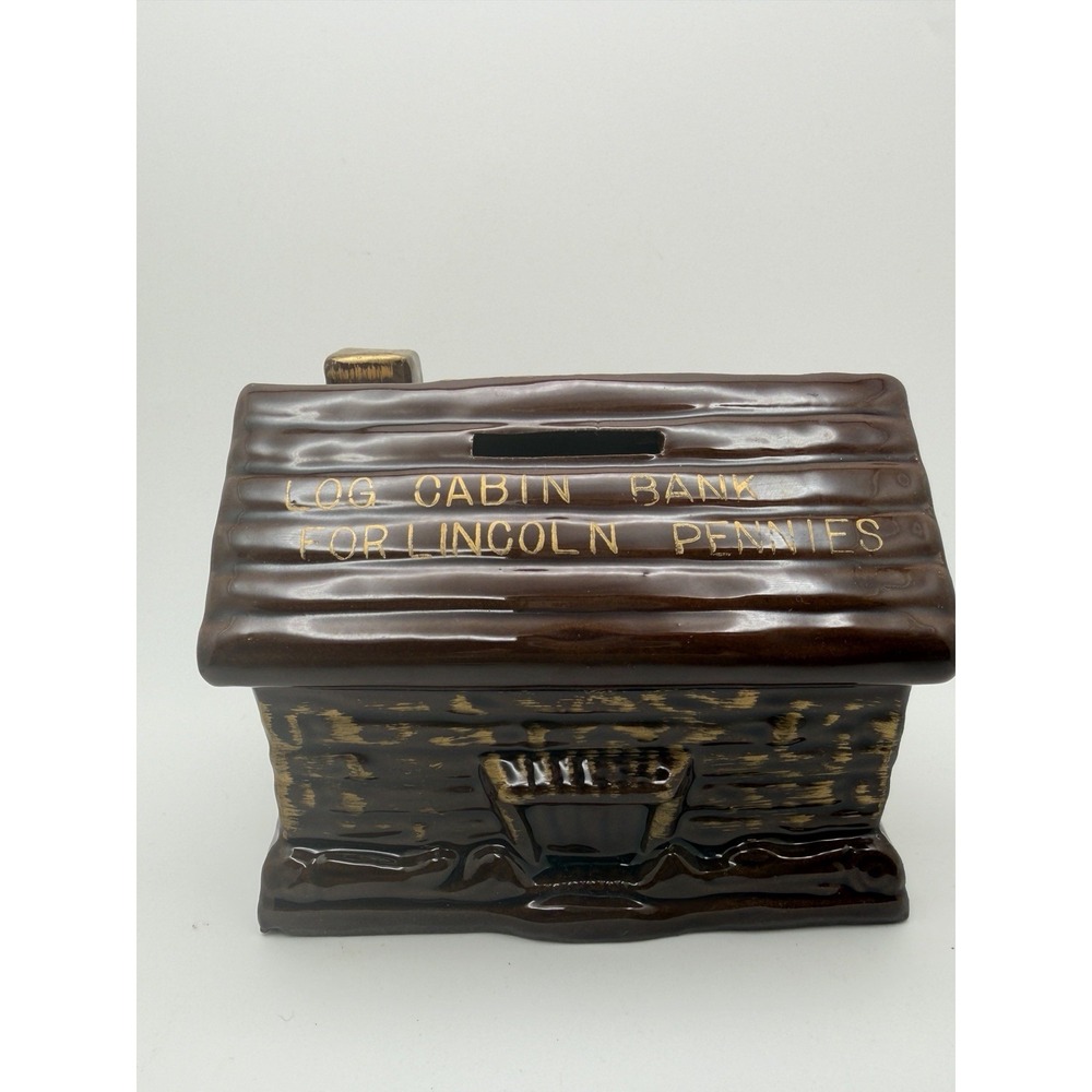 VTG MCM Ceramic Log Cabin Bank with Stopper Lincoln Pennies Brown Gold Japan